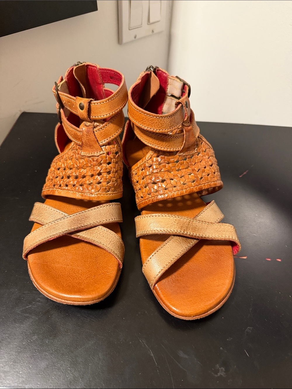 Bed Stu Tan Woven Leather Ankle-Strap Sandals